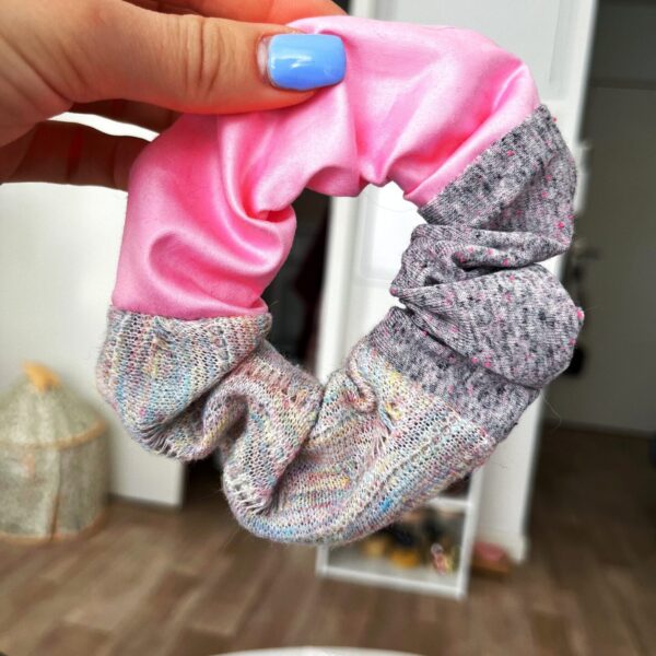 chouchou patchwork rose dragée et gris chiné