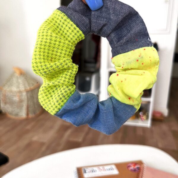 Chouchou patchwork jean et jaune fluo