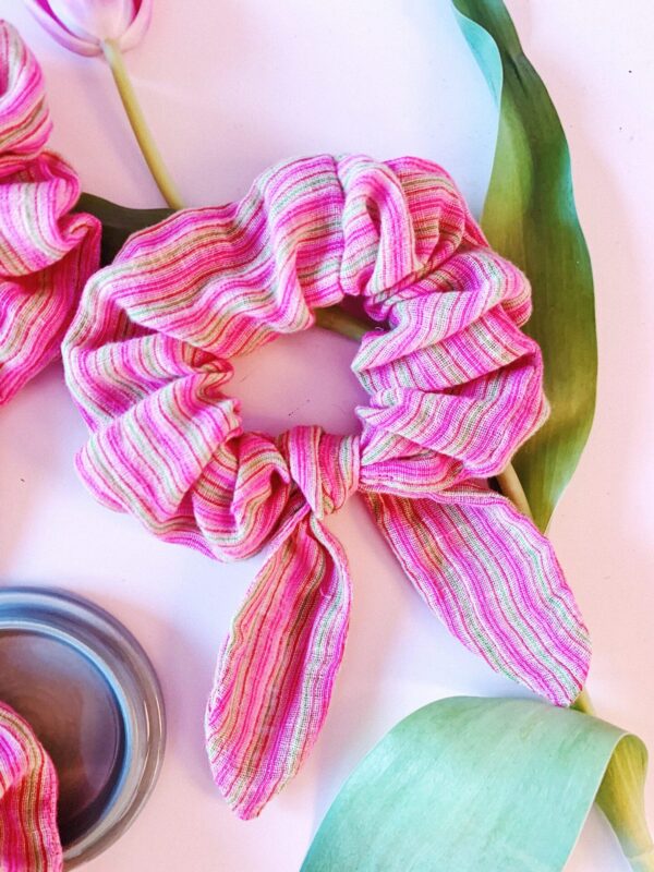 Mini chouchou foulard rayé rose et vert
