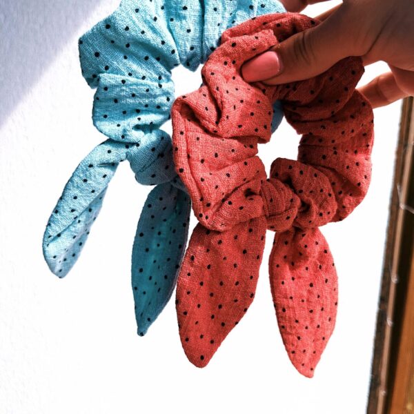 Mini chouchou foulard corail et turquoise petit pois