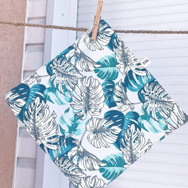 Essuie-tout en tissu réutilisable motif feuillages tropicaux vert, gris & blanc