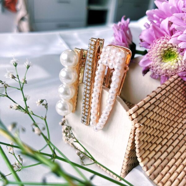 Lot 3 barrettes dorées perles & strass