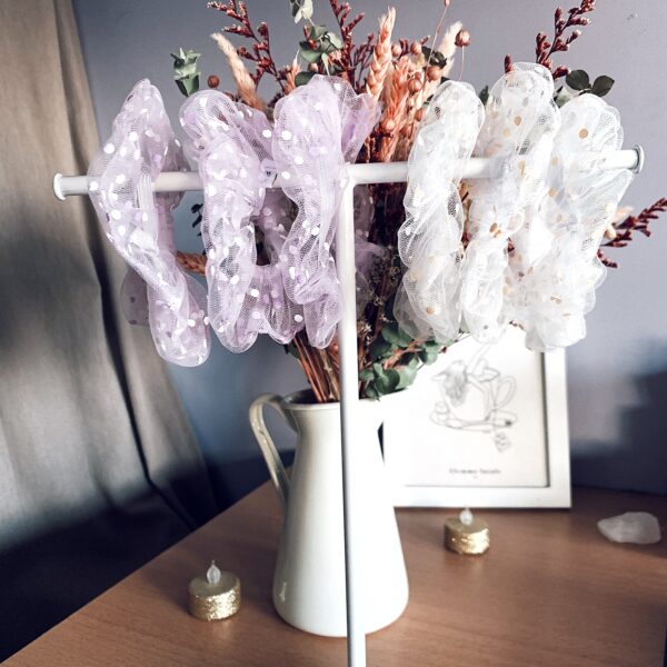 Chouchous en tulle plumetis blanc/pêche et lilas/violet