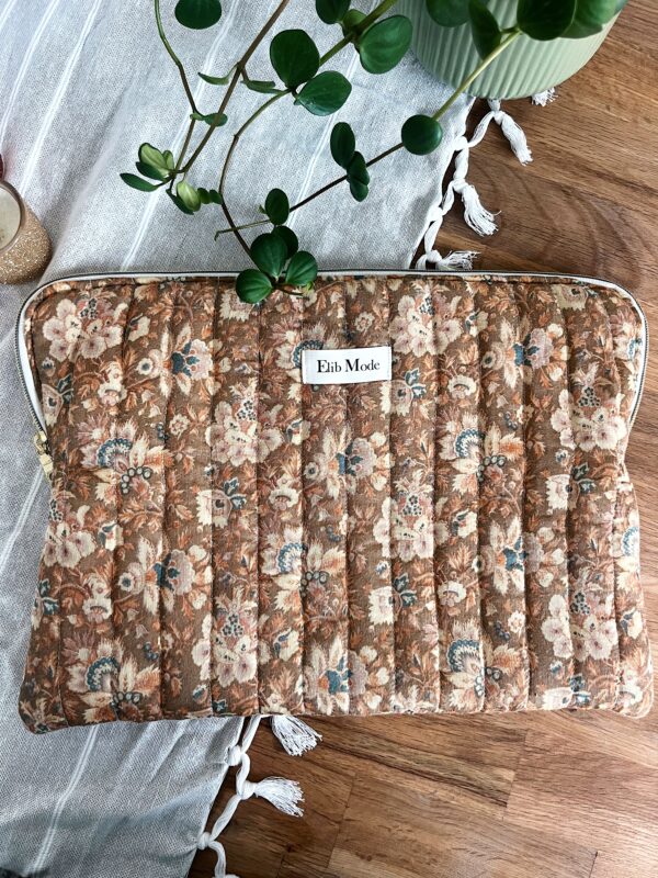 Pochette d'ordinateur Mac en tissu fleuri vintage, marron et beige rosé