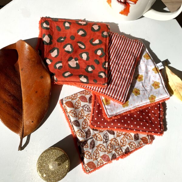 Lot de 5 cotons démaquillants lavables en bambou terracotta et coton à motifs automnaux, création écoresponsable
